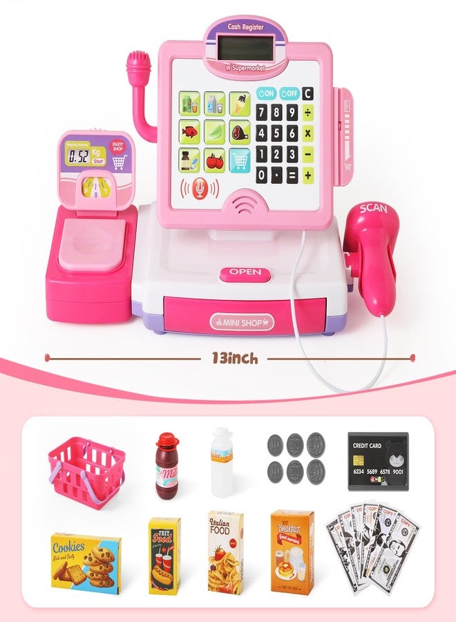 BAODLON Play Calculator Cash Register Toy Gift for Kids Girls Age 3, 4, 5, 6, 7, 8+ Year Old, 57 Pcs Pink Pretend Grocery Store Playset, Incl Microphone, Credit Card, Scanner, Fake Food, Play Money for Kids - Image 2